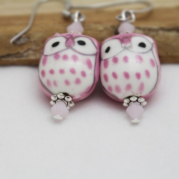 Pink Porcelain Beaded Owl Earrings - Hand Painted - Handmade & Hypoallergenic - Picture 5 of 8